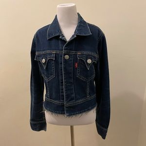 Levi’s Dark Blue Denim Cropped Frayed Jacket sz L